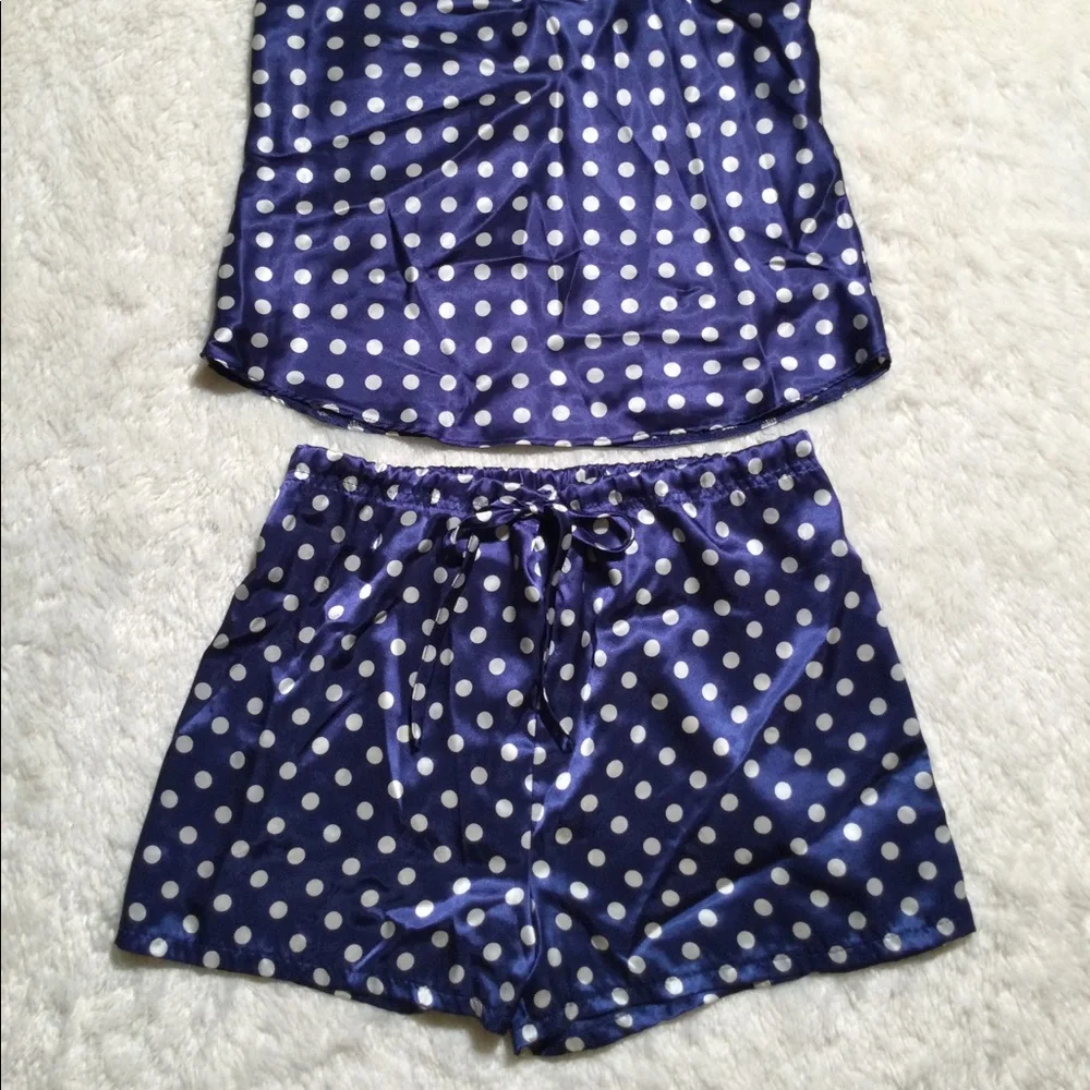 🌀2XHP!🌀VINTAGE | Satin Blue Silver Polka Dot PJs - Picture 2 of 12